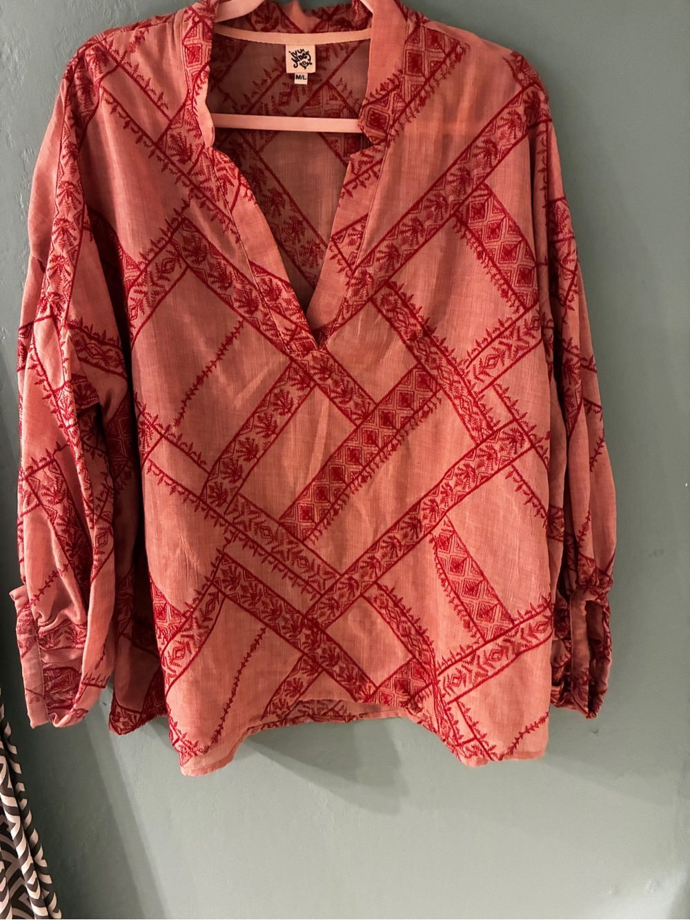Ivy Jane Embroidered V-Neck Women’s Top in Dusty Rose and Red ML